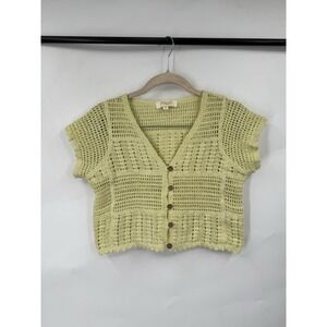 Rebellion Open Knit Button Crop Top Women S Yellow Y2K Retro Coquette Whimsical‎